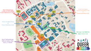 Queer Science Conference event map, showing the location of parking and main event areas. 